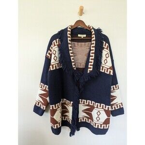 CocoGio Aztec Fringed Wool Blend Cardigan Sweater Southwestern Boho Longline M